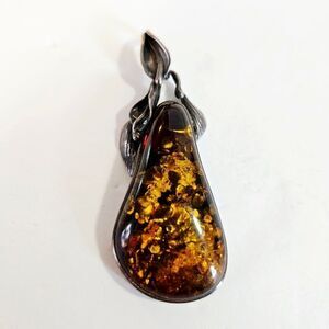 Vintage Large Natural Baltic Honey Amber 925 Sterling Silver Leaf Pear Pendant